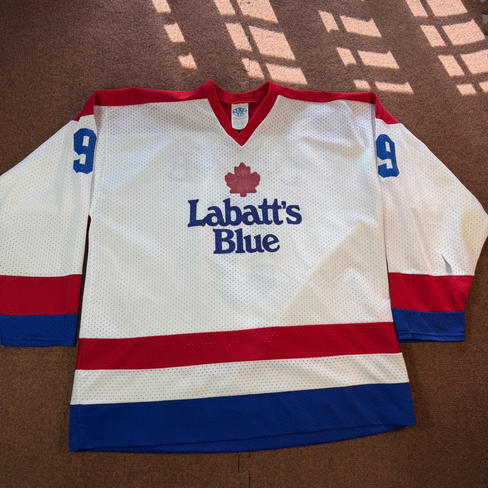 Venus Labatt's Blue Hockey Jersey Mens XL Beer Promo Mesh White Red Blue USA 9